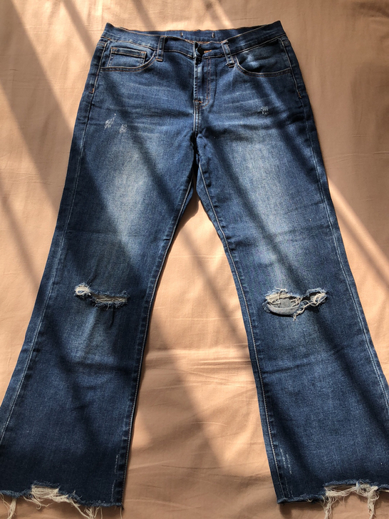 蓝色直筒高腰牛仔裤女破洞