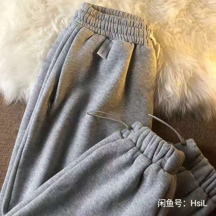加绒卫裤，2021新款秋冬加绒灰色裤女宽松...