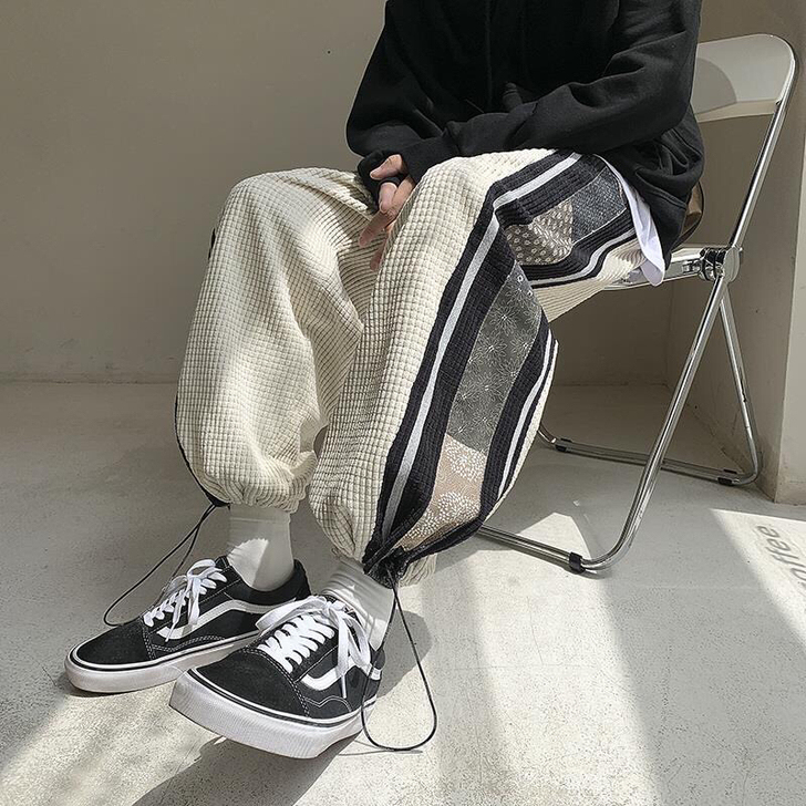 华夫格裤子高街ins潮牌垂坠感腰果花运动卫...