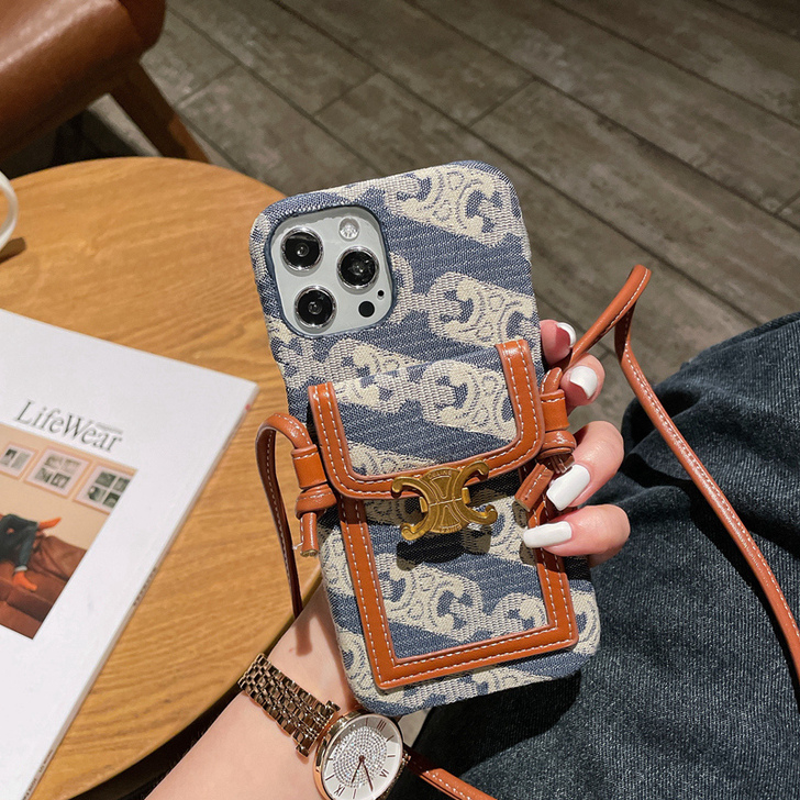 巴代celine背带斜挎苹果13手机壳挂绳...