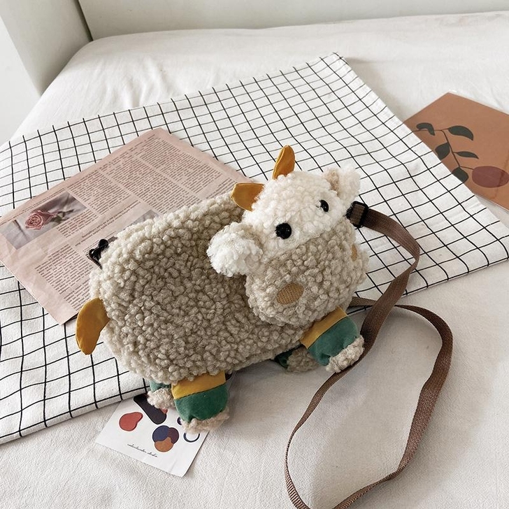 日系可爱卡通小牛小包包2020毛绒冬季斜挎...
