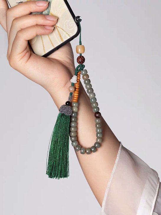 绿菩提手机链短款挂绳中国风手腕绳男女个性创...