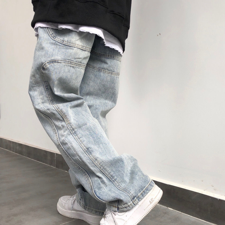 国潮新款拼接做旧水洗牛仔裤男女宽松百搭阔腿...