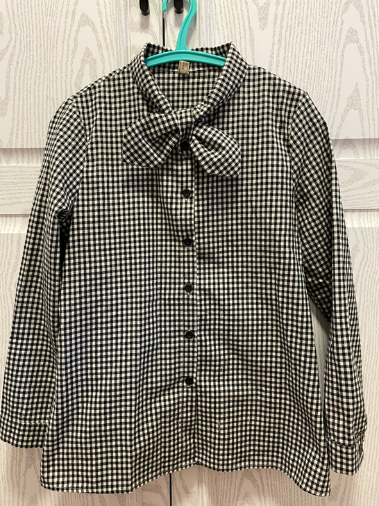 黑白格子纯棉衬衫蝴蝶结