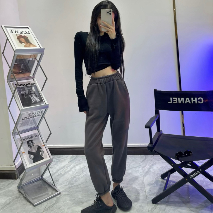 高级灰加绒运动裤子女秋冬季2021新款束脚...