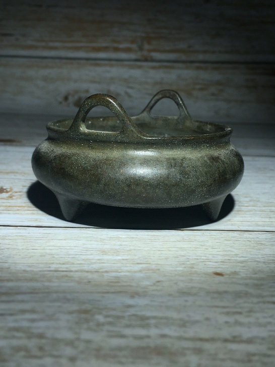 杂项老铜货大明宣德底款三乳足双耳香薰炉香道...