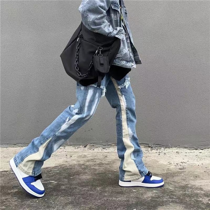 高街水洗做旧刷漆手绘拼接牛仔裤男vibe风...