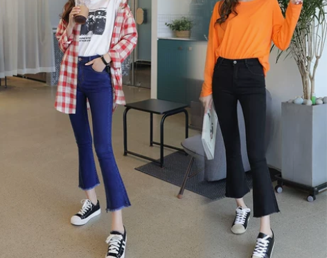 韩版高腰chic牛仔裤女秋新款学生喇叭裤显...