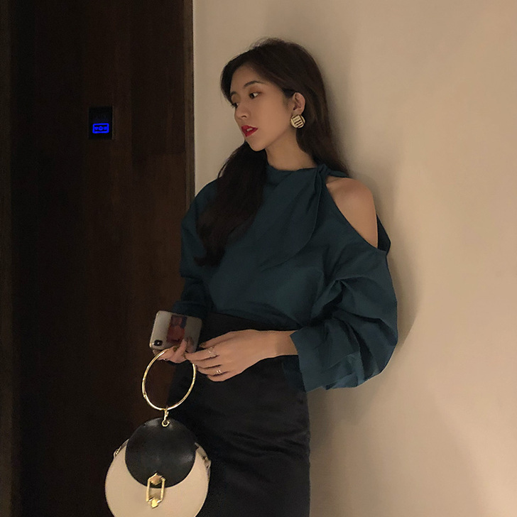 挂脖露肩chic早秋上衣慵懒衬衫女宽松显瘦...