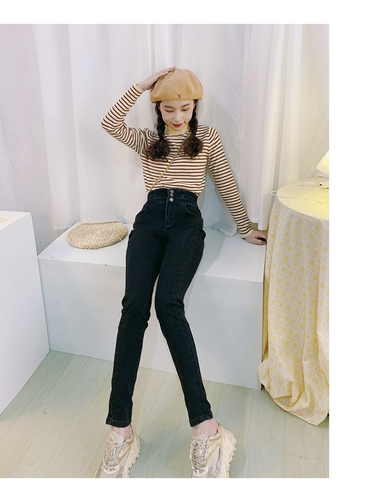 2021年秋季新款黑色牛仔裤女高腰小脚裤女...