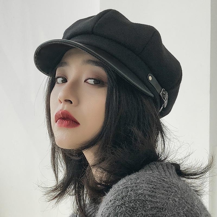 百搭显脸小帽子女秋冬黑色PU皮质贝雷帽女英...
