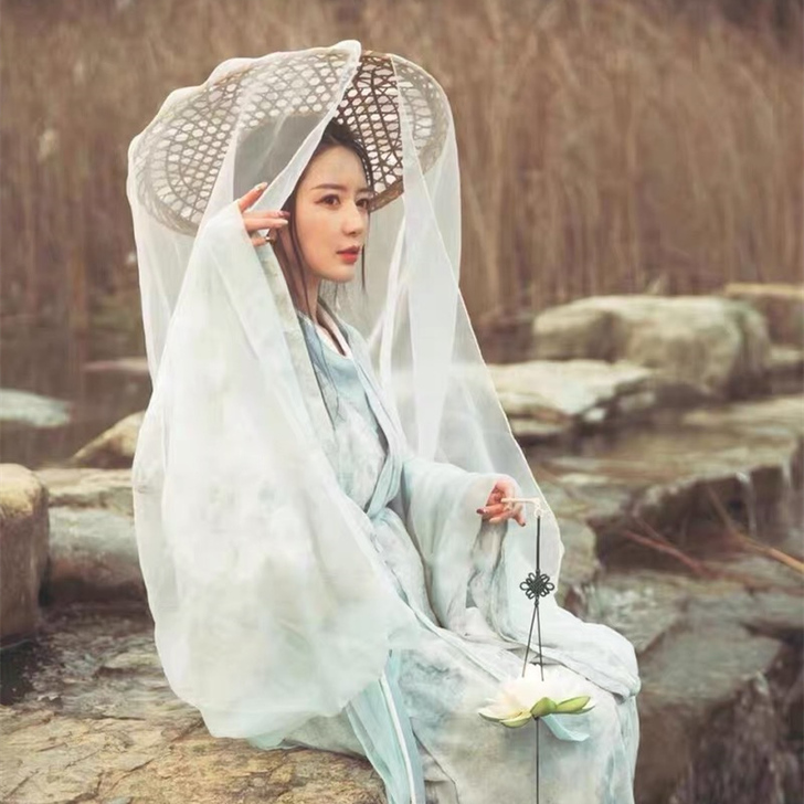 新款古装汉服斗笠帽子古风女侠客遮脸防晒面纱...