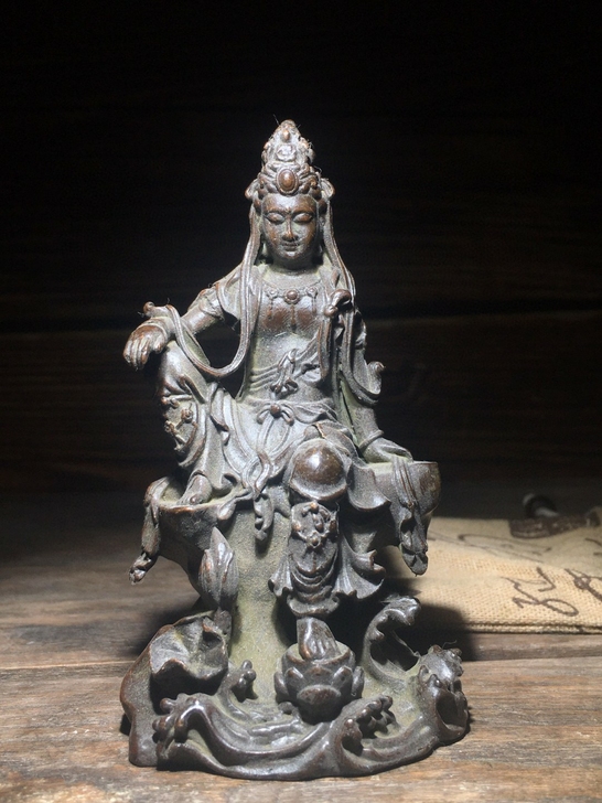 纯铜观音菩萨佛像摆件自在观世音坐像居家风水...