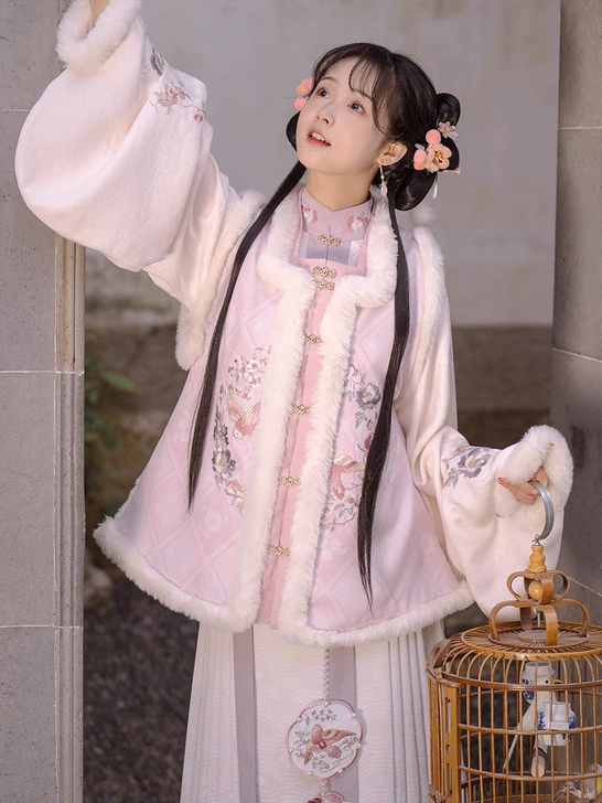 远山乔【秋草鹦鹉】明制汉服女比甲加绒立领琵...