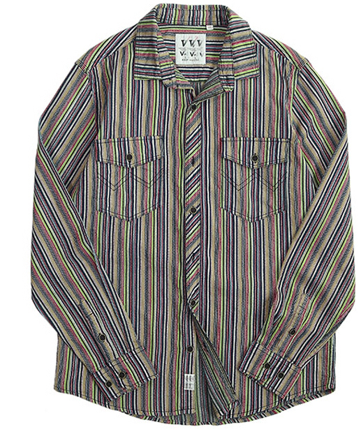 全新男士衬衫复古水洗做旧阿美咔叽色织布条纹...