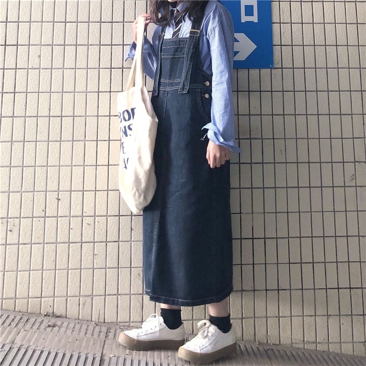 自用闲置 牛仔背带裙韩版宽松女学生中长款...