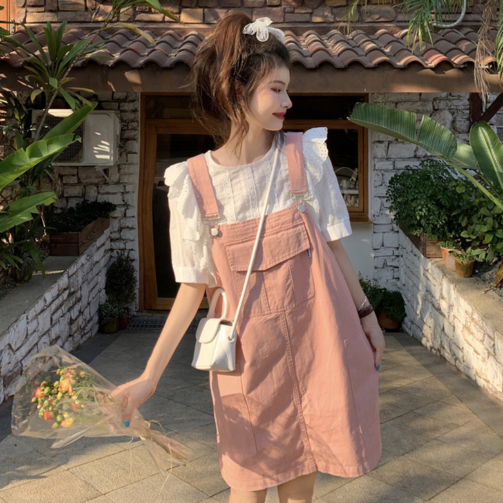 粉色背带裙女夏季2021新款学院风洋气减龄...