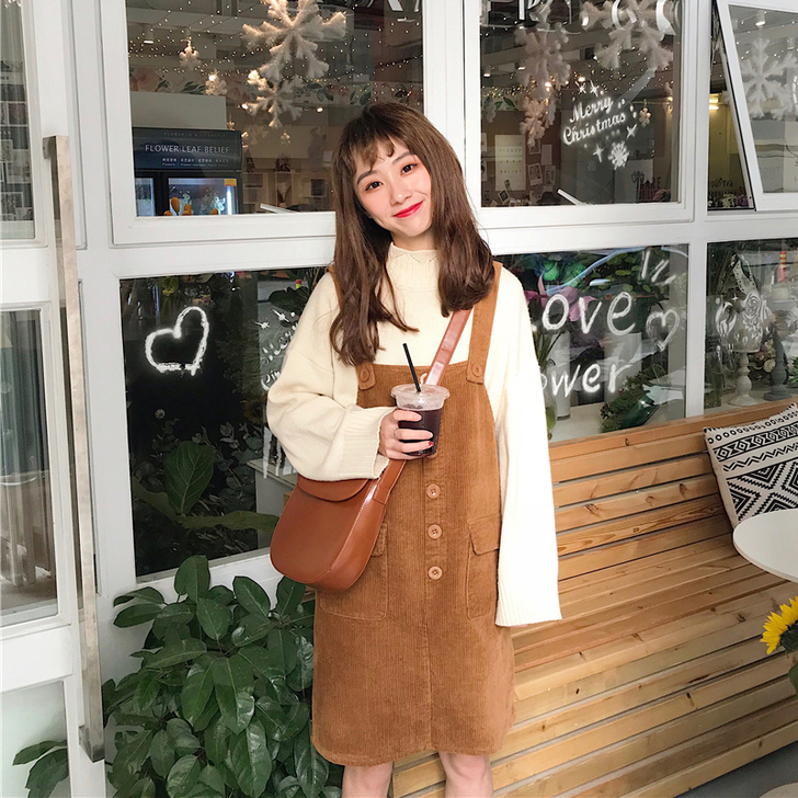 秋冬女装韩版学院风宽松中长款灯芯绒背带裙无...