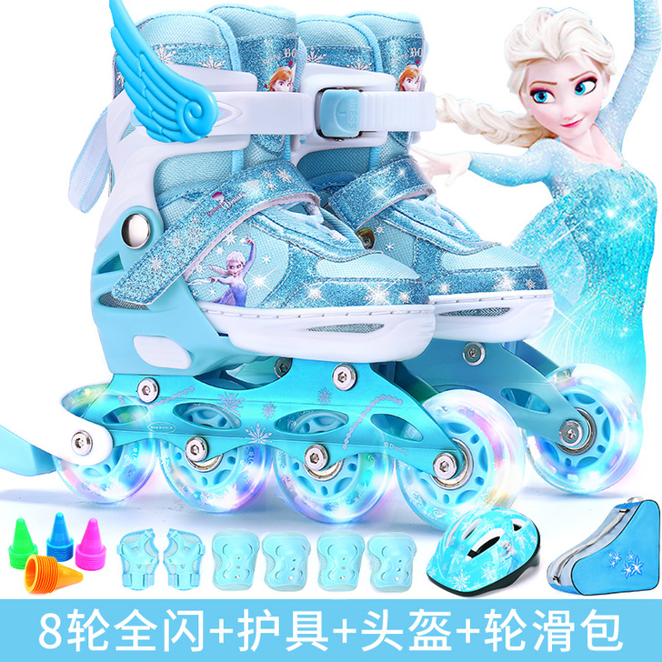 迪士尼溜冰鞋儿童全套装中大童女旱冰滑冰直排...