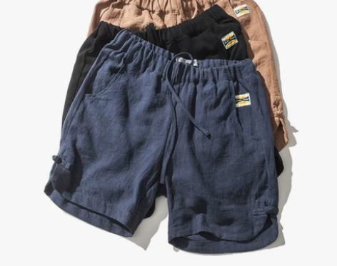 原创日系男装夏装新款纯色亚麻休闲短裤韩版棉...