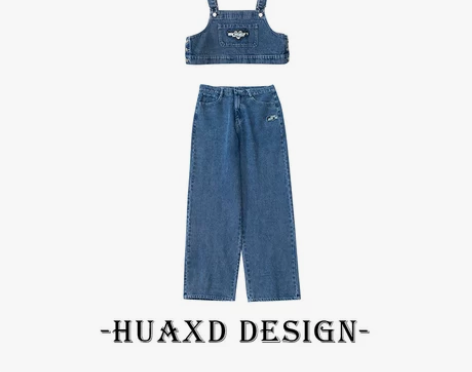 花小叨 甜酷小众牛仔吊带女露脐背带裤套装宽...