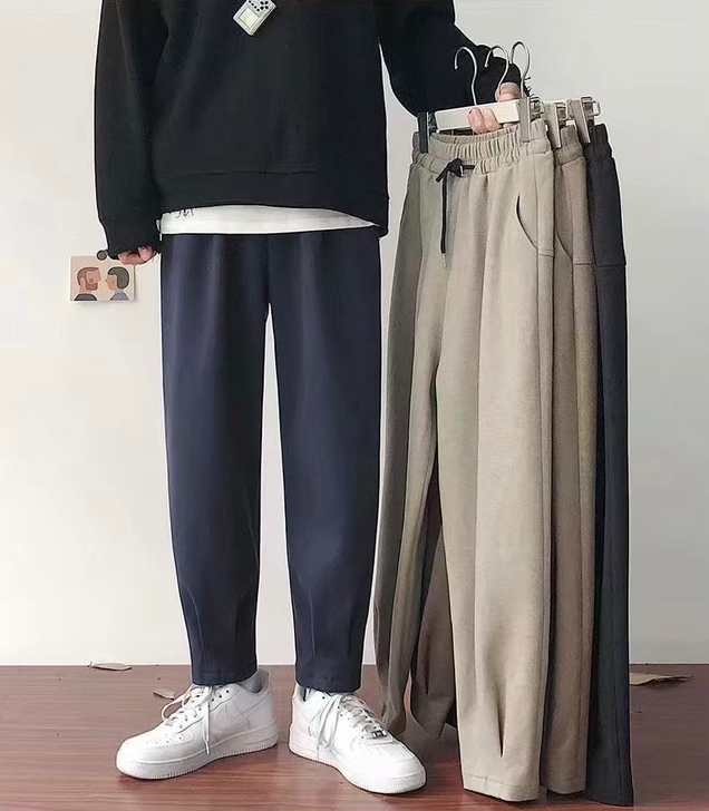 特价高质量休闲裤男秋冬季宽松坠感毛呢西裤港...