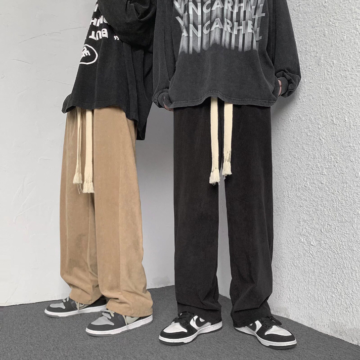 灯芯绒裤子男秋冬加绒ins潮流坠感阔腿长裤...