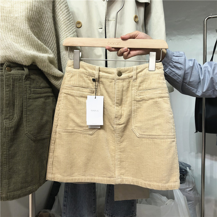 灯芯绒短裙女2020冬装新款港风复古高腰显...