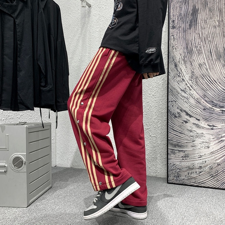 美式街头个性条纹排扣裤子男ins潮牌阔腿运...