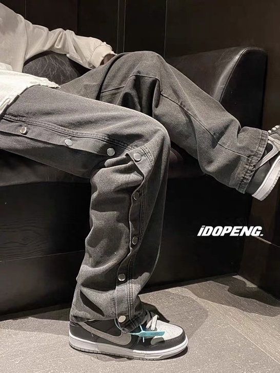 高质量排扣阔腿牛仔裤男直筒宽松拖地裤潮流裤...