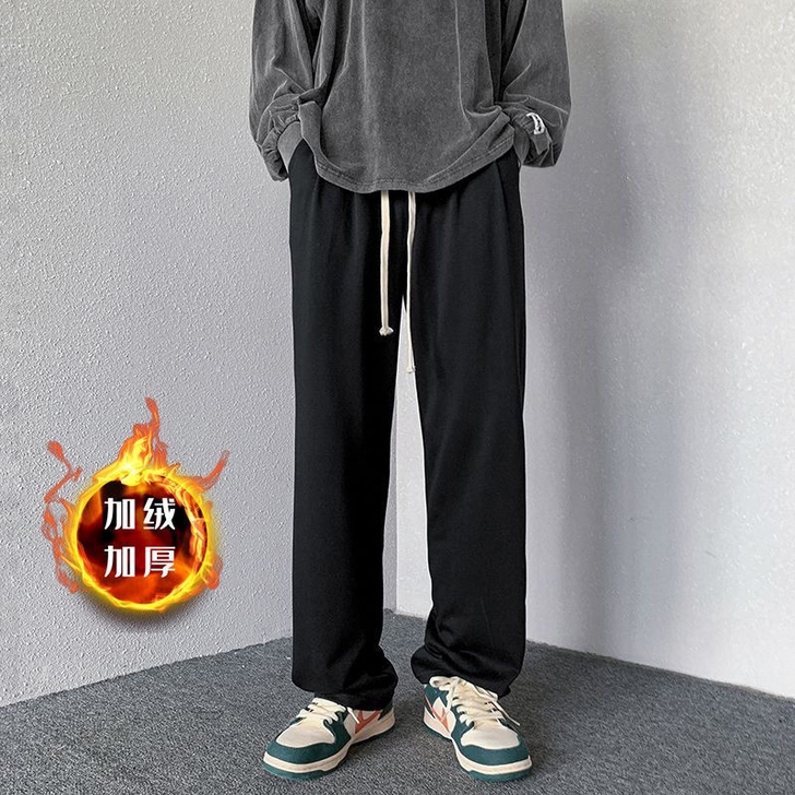 大码高街直筒加绒加厚休闲裤男冬季潮牌宽松运...