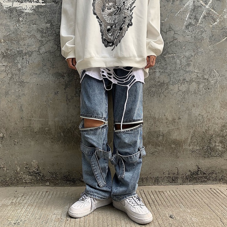 复古暗黑高街嘻哈可拆卸拉链牛仔裤 ins国...