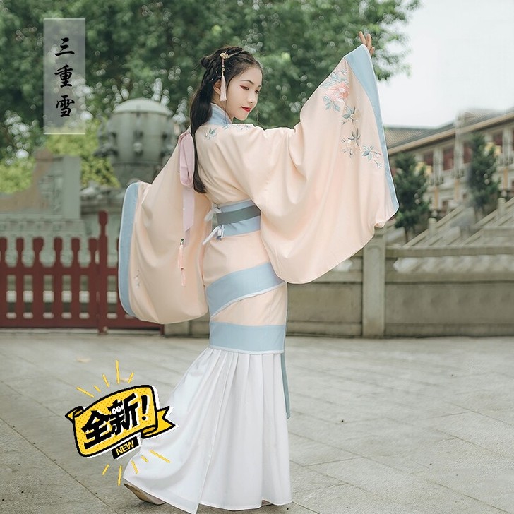 双绕曲裾汉服女飘逸中国风大袖齐腰襦裙广袖古...