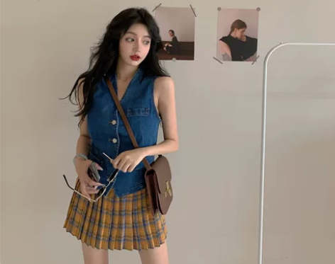 牛仔马甲女港风chic复古V领蓝色背心马夹...