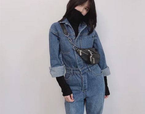 春秋季王菲同款显瘦宽松长袖连衣裤工装牛仔连...