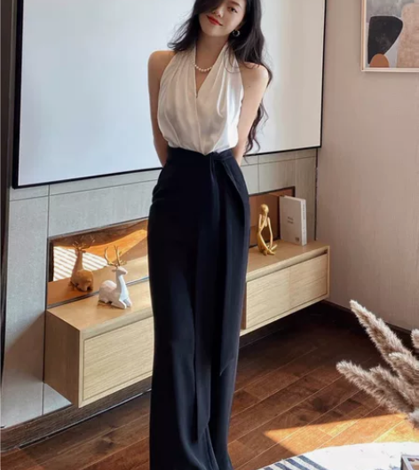 法式赫本风时尚气质黑白撞色挂脖连体裤夏女高...