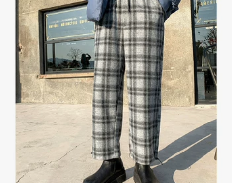 小胡子店2020冬季新款毛呢格子休闲裤男宽...