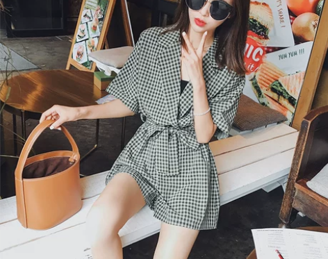 夏季格子连体裤女V领系带显瘦复古宽松 带抹...