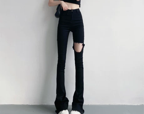 夏季高腰显瘦薄款黑色破洞微喇叭牛仔裤女17...