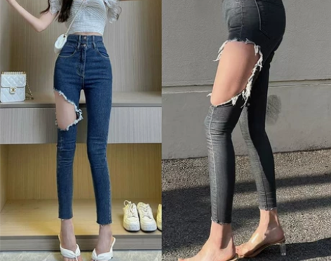 侧破洞牛仔裤女夏季韩版新款毛边弹力显瘦紧身...