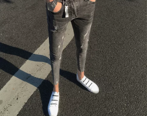 网红潮牌破洞灰色九分牛仔裤韩版潮流精神小