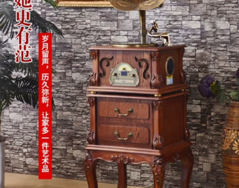 ?仿古大喇叭电唱机实木古典留声机复古老式黑...