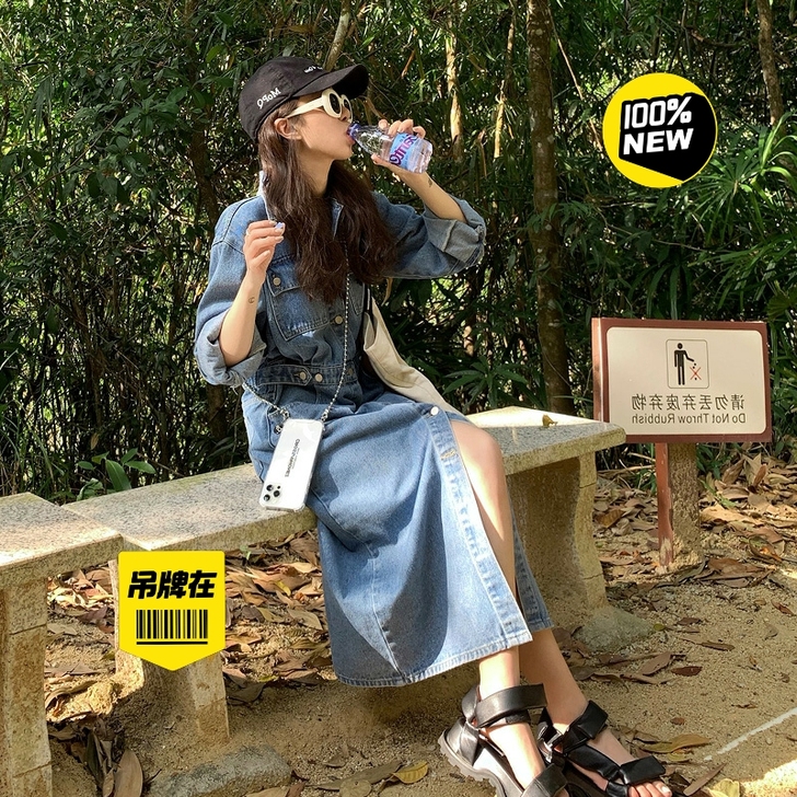 2021年秋季新款牛仔长袖连衣裙小个子显瘦...