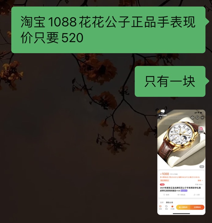 淘宝专卖店购入花花公子手表一块，原价108...