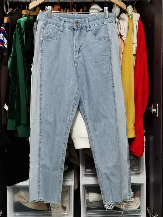 高梵浅蓝色拼接七分毛边牛仔裤27码160/...