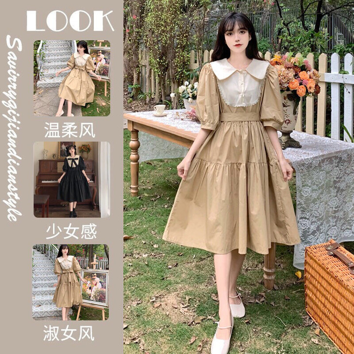 海军风连衣裙女夏装2021新款初中高中学生...