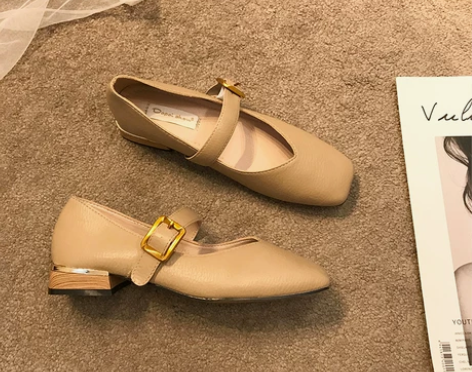 新款浅口仙女单鞋中跟软皮方头低跟 温柔杏色...