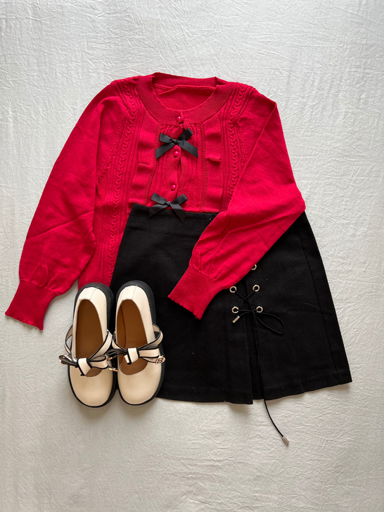 枣红色蝴蝶结甜美风开衫，春秋薄款超可爱小仙...