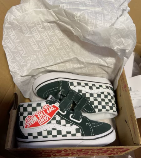 Vans 儿童棋盘格 魔术贴鞋子 ， 墨绿...