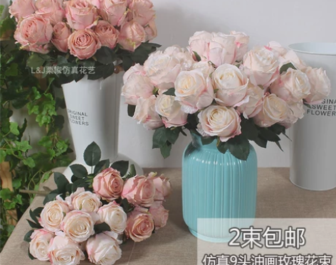 9头油画仿真玫瑰花束 婚庆插花 北欧家居客...